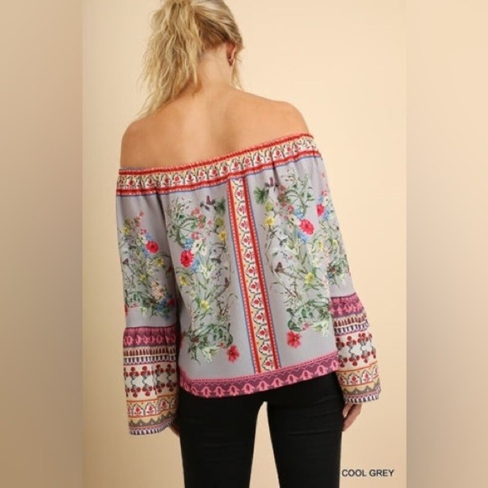 Umgee Boho Off Shoulder Floral Peasant Top Blouse Tunic Bell Sleeves Size M - Picture 3 of 6